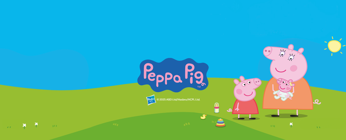 An illustration of Peppa Pig, Mummy Pig and Evie Pig