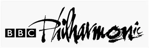 Black and white BBC Philharmonic logo featuring the BBC blocks and elegant, artistic script typography for the orchestra's name.