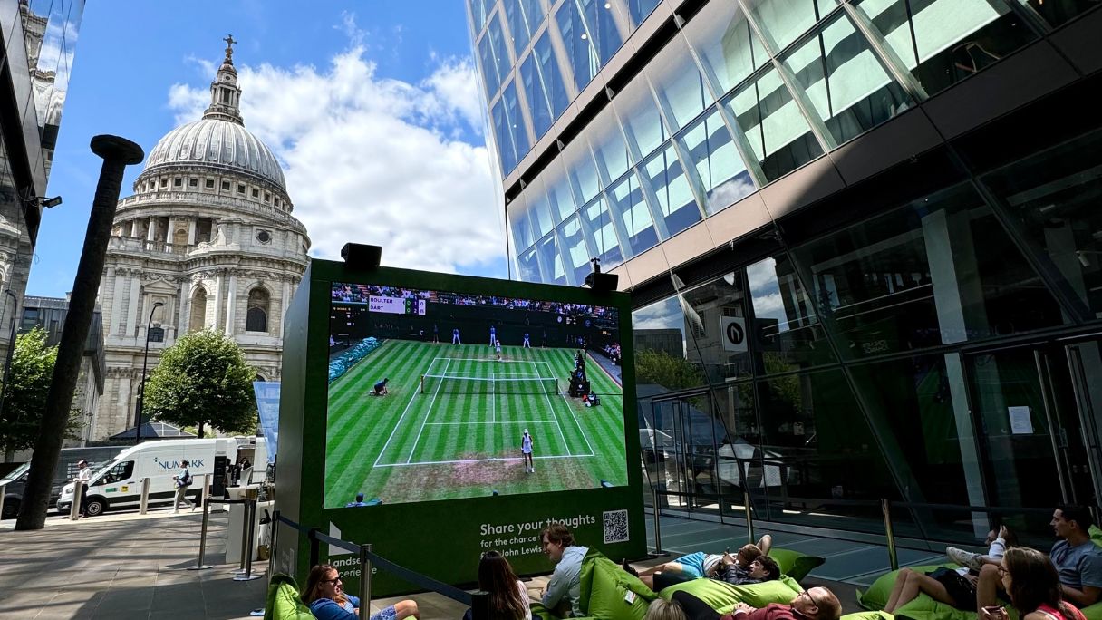 The Wimbledon big screen at One New Change in front of St Paul's Cathedral