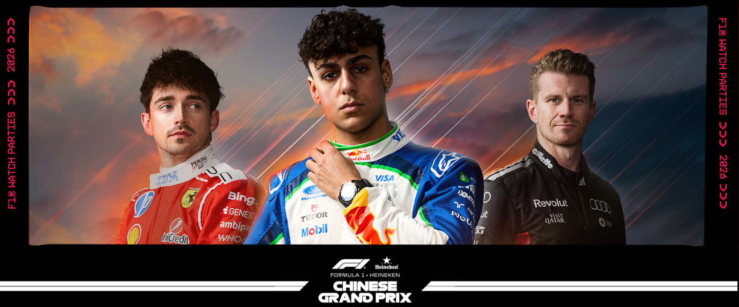 Banner promoting F1 Chinese Grand Prix 2026 watch party at F1 Arcade One New Change, featuring three Formula 1 drivers and official race branding.