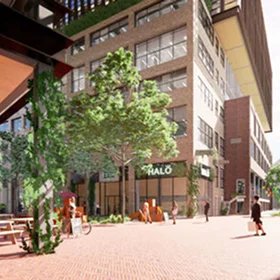 Urban plaza rendering with a brick office building in the background featuring a **retail space named 'HALO'**, surrounding by seating, trees, and pedestrians.