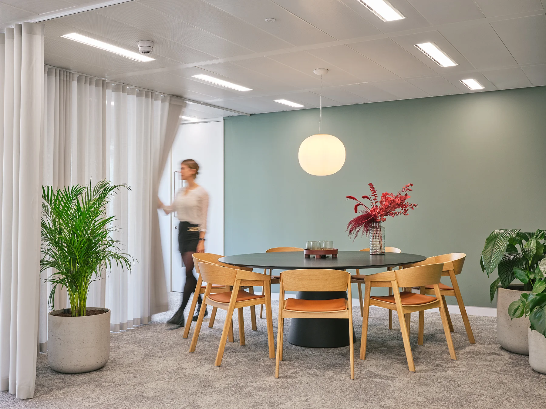 Bright meeting room with round table and plants