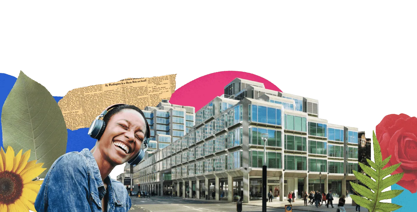 Artistic collage of a smiling woman wearing headphones, with a modern, glass office building in the background.