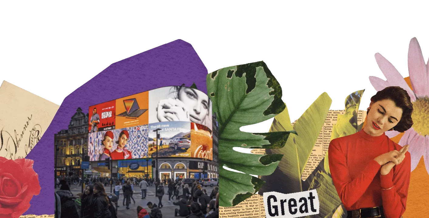 Photo collage showing a night view of Piccadilly Circus and a stylized retro-style woman.