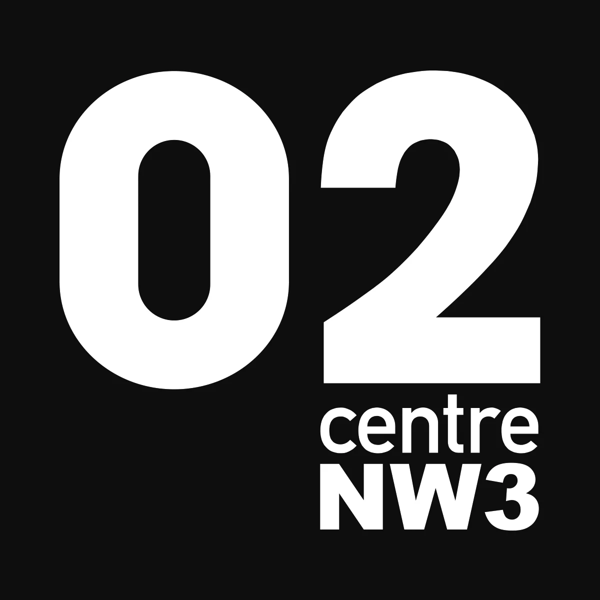 Logo of O2 Centre NW3 with large white numbers on a black background.