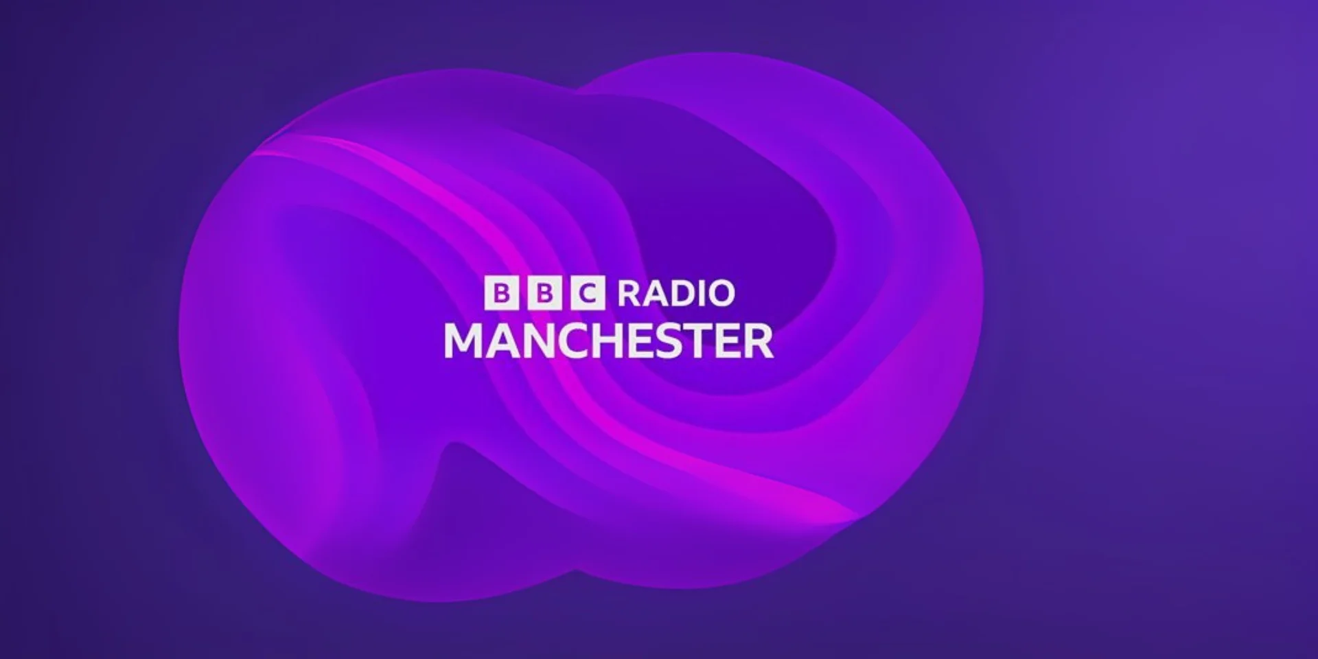 BBC Radio Manchester logo on a deep purple background, with a swirling, 3D abstract purple shape behind the text.