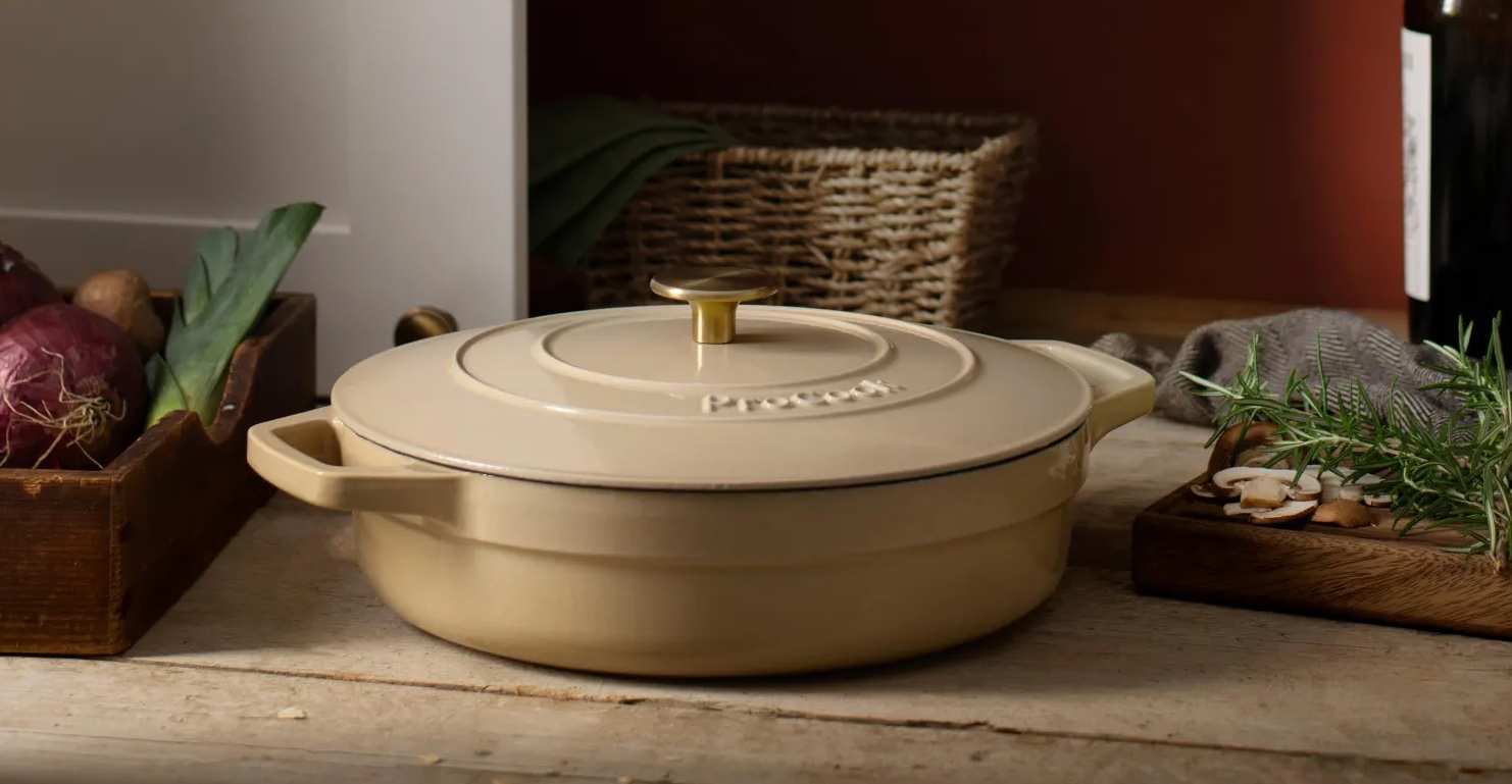 Cast iron casserole dish on a table