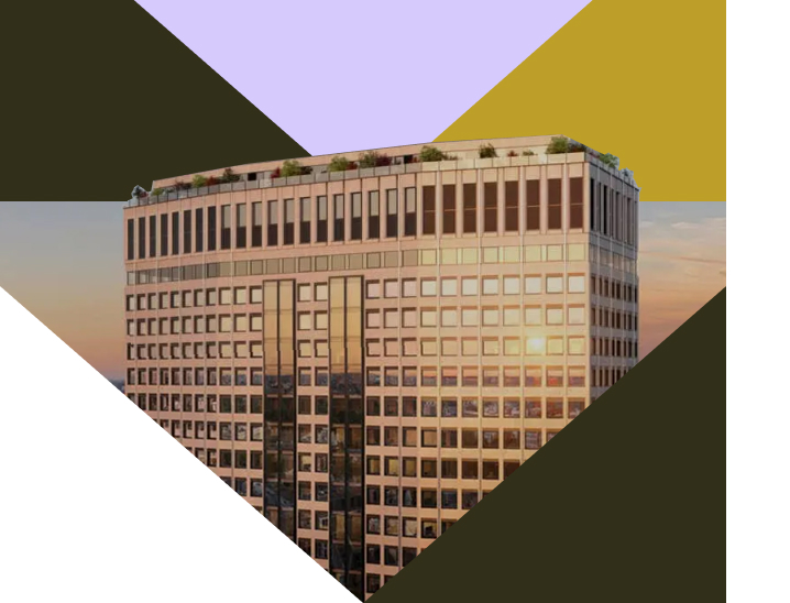 A building surrounded by yellow, purple, black, and white triangles