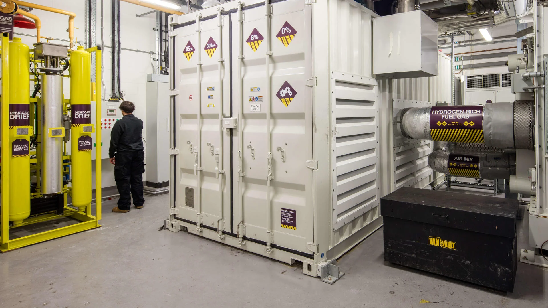 Industrial room with hydrogen-rich fuel gas cylinders and equipment.
