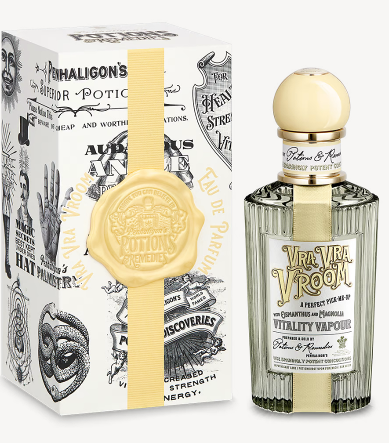 Vra Vra Vroom perfume, a fancy bottle stood beside the box with a wax seal in pale yellow