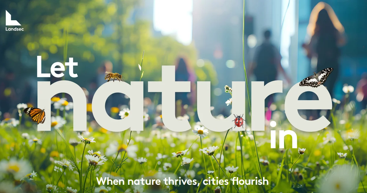 A vibrant meadow with flowers, butterflies, and insects overlays a blurred urban scene with people, symbolizing nature in cities.