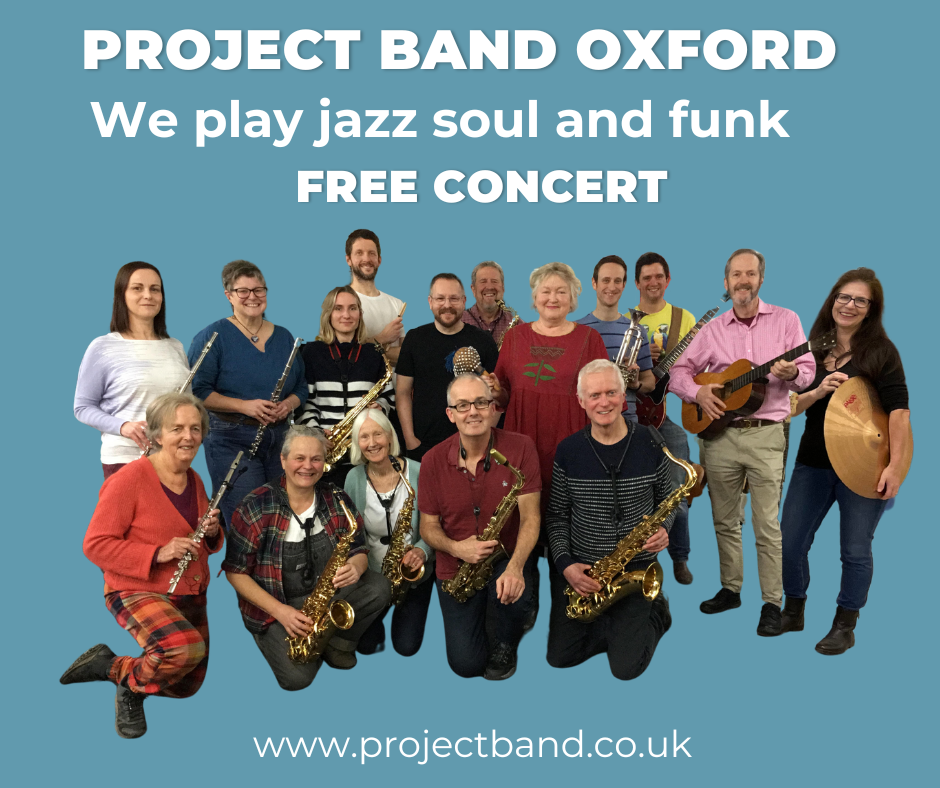 A group photo of Project Band Oxford holdong their instruments on a blue background