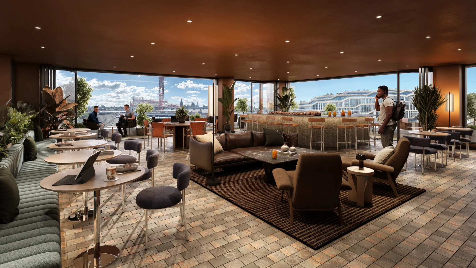 Modern lounge with brick flooring, leather seating, and large windows offering a waterfront view. People are seated and conversing.