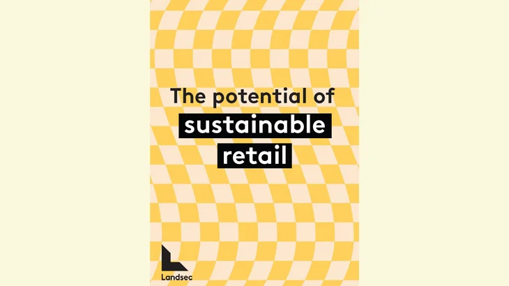 Report cover for **Landsec** titled "**The potential of sustainable retail**" with a yellow and white checkered background.