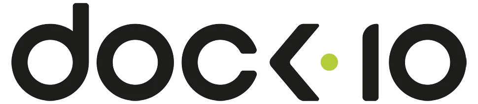 Black Dock10 logo in a chunky font with a bright lime green dot, representing the MediaCity UK studio facilities.