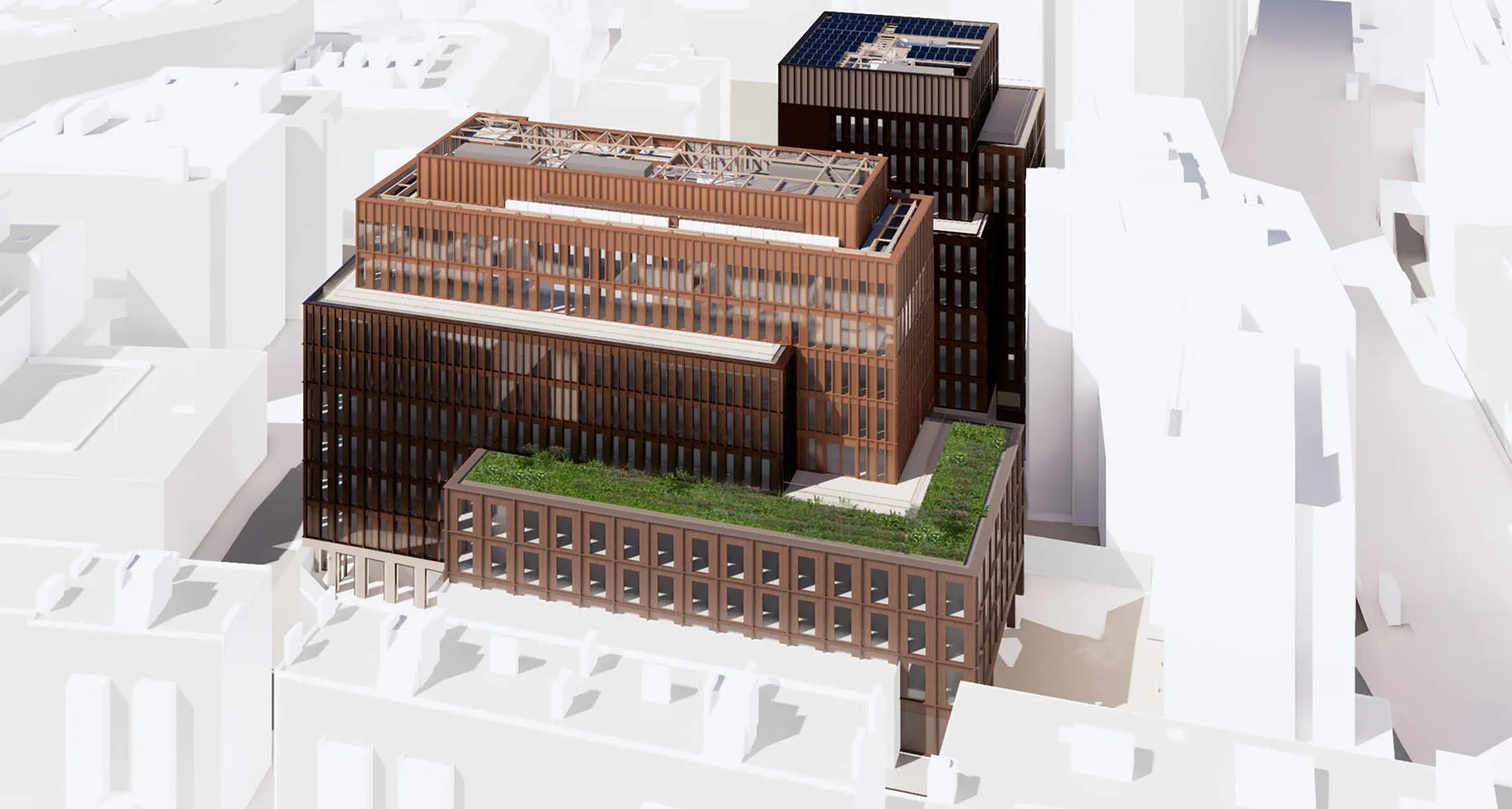 3D model of a modern building with a brown facade and surrounding white structures.