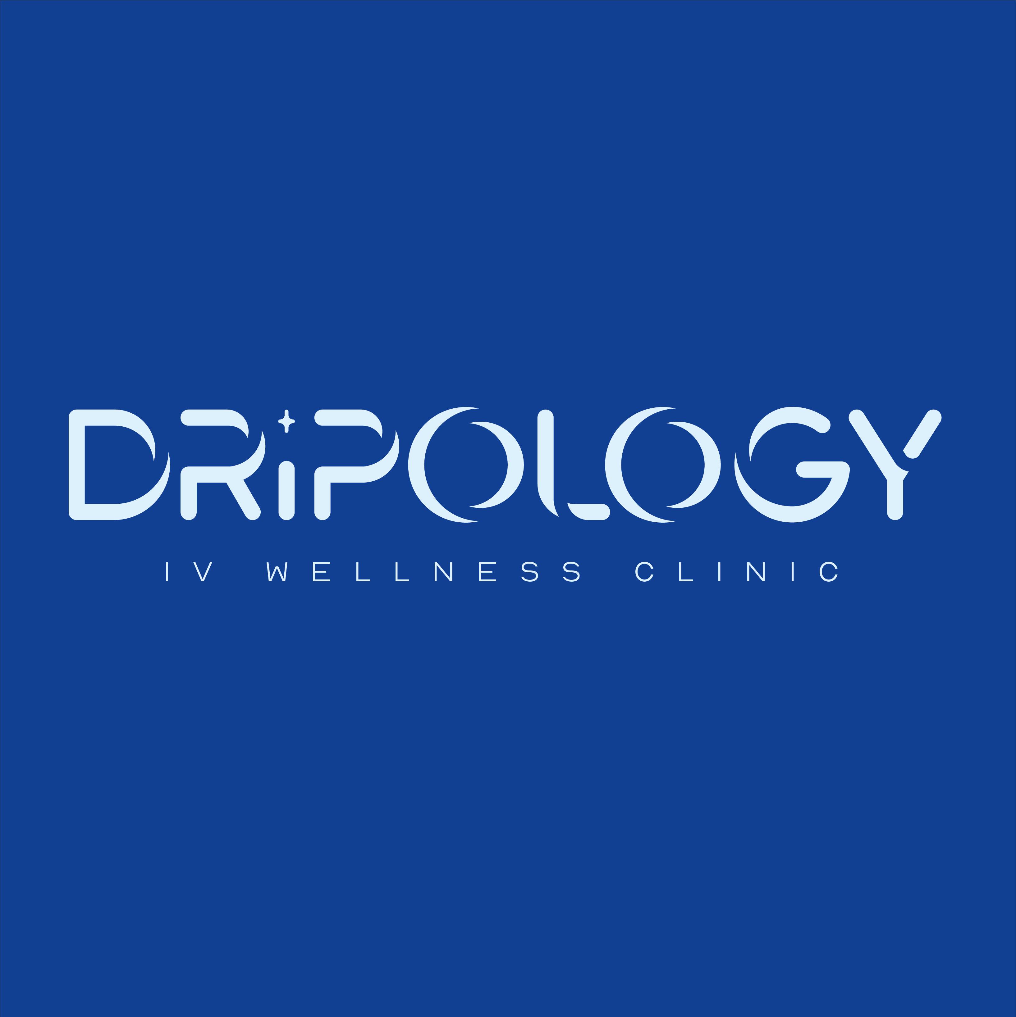 The logo of Dripology IV Wellness Clinic in white text on a bright blue background.