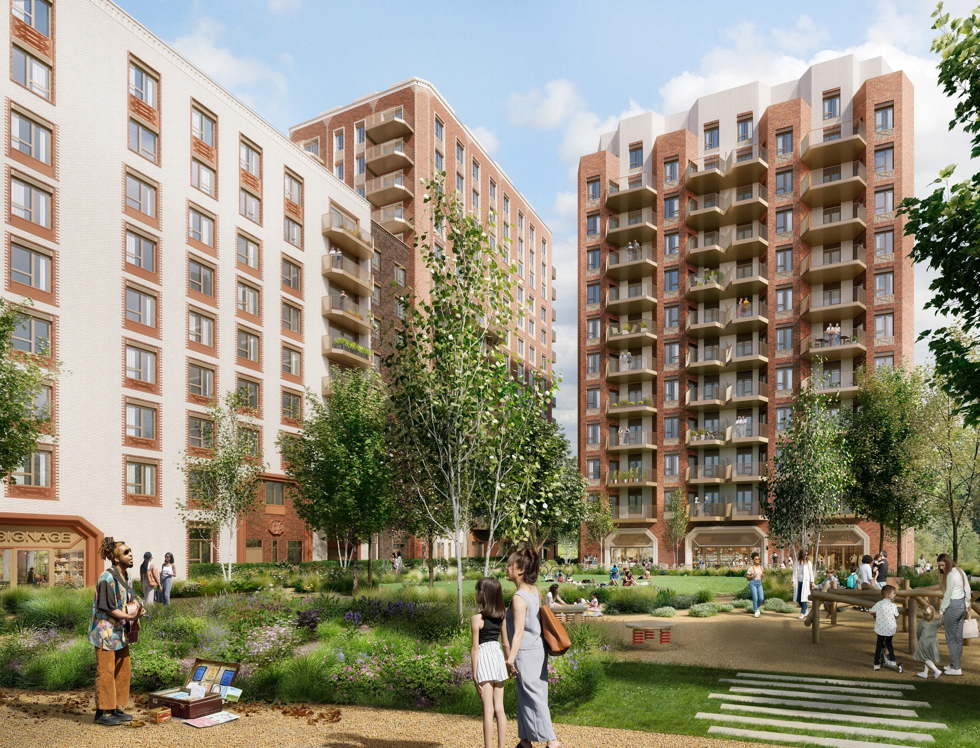 O2 Finchley Road park view showing modern apartment blocks. Features a landscaped garden area for community and leisure activities.
