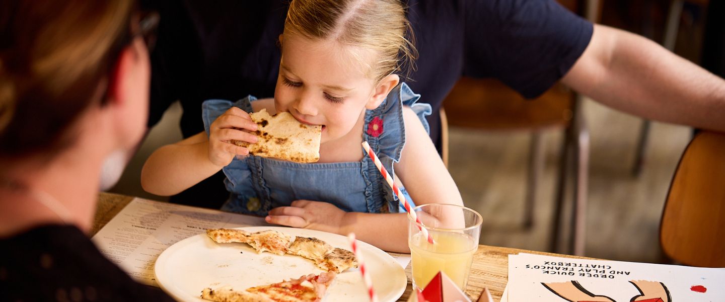 A young girl eating a slice of pizza
