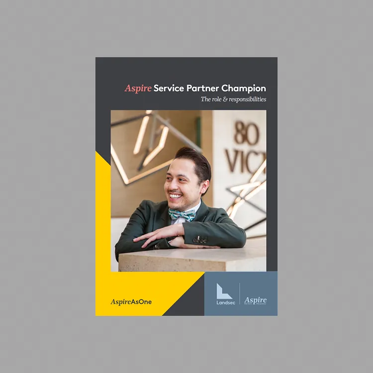 Aspire Service Partner Champion document cover featuring a man in a suit and bow tie, with AspireAsOne and Landsec logos.