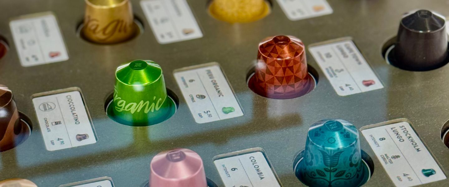 A display full of colourful Nespresso pods