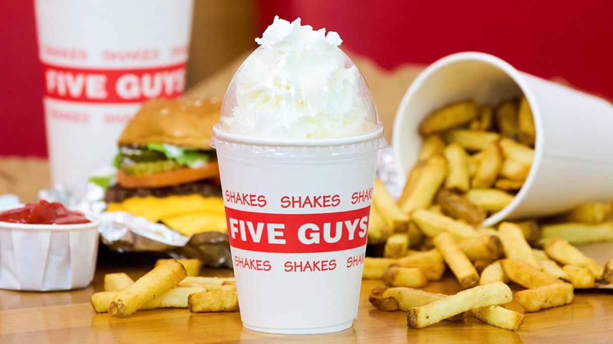 The Little Shake from Five Guys in front of a burger and fries