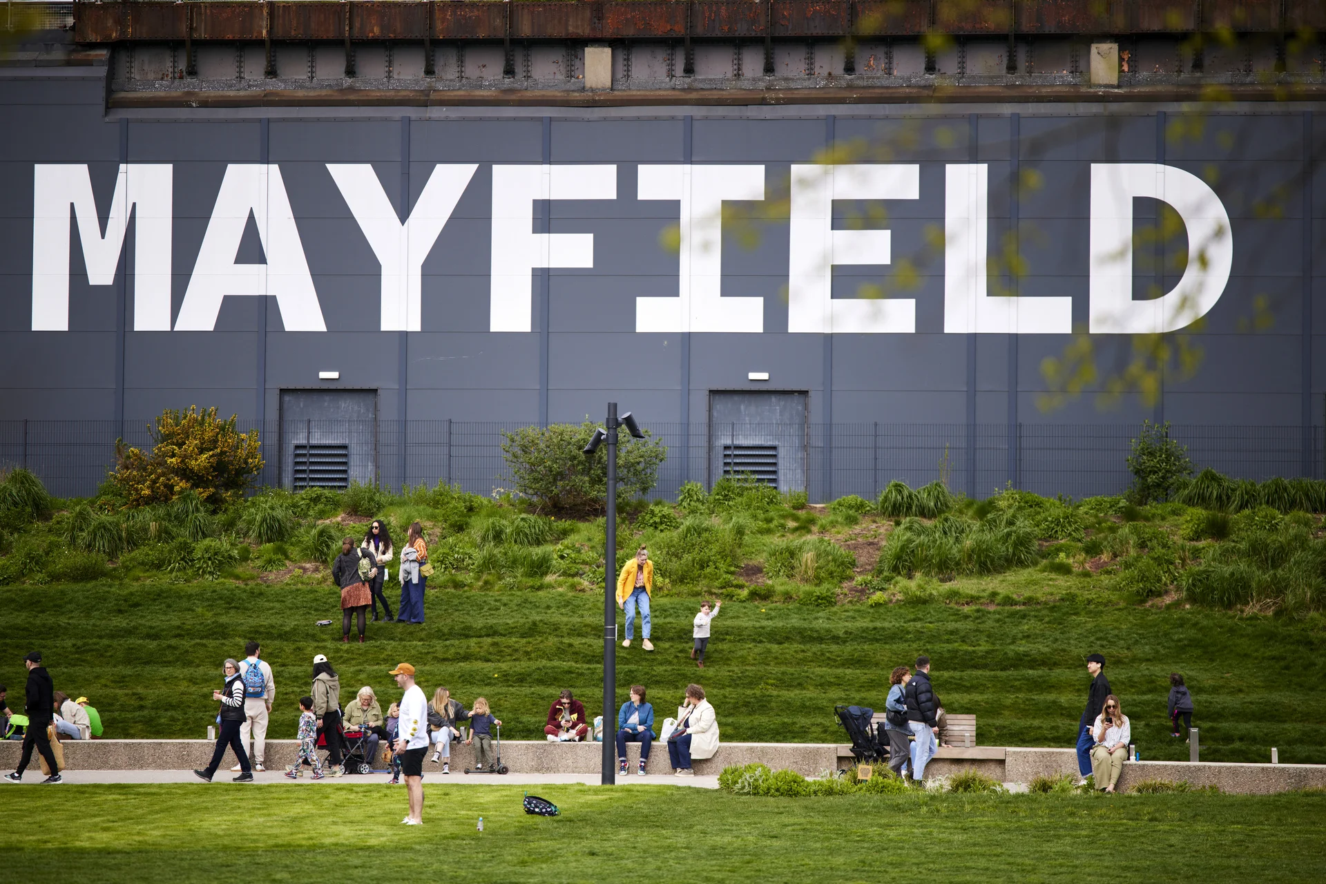People relaxing and socializing on green lawns in front of a large "MAYFIELD" sign.