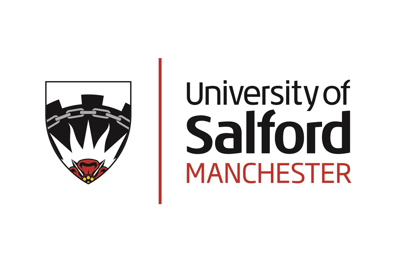 University of Salford Manchester logo with black and red text and a detailed crest on a white background.
