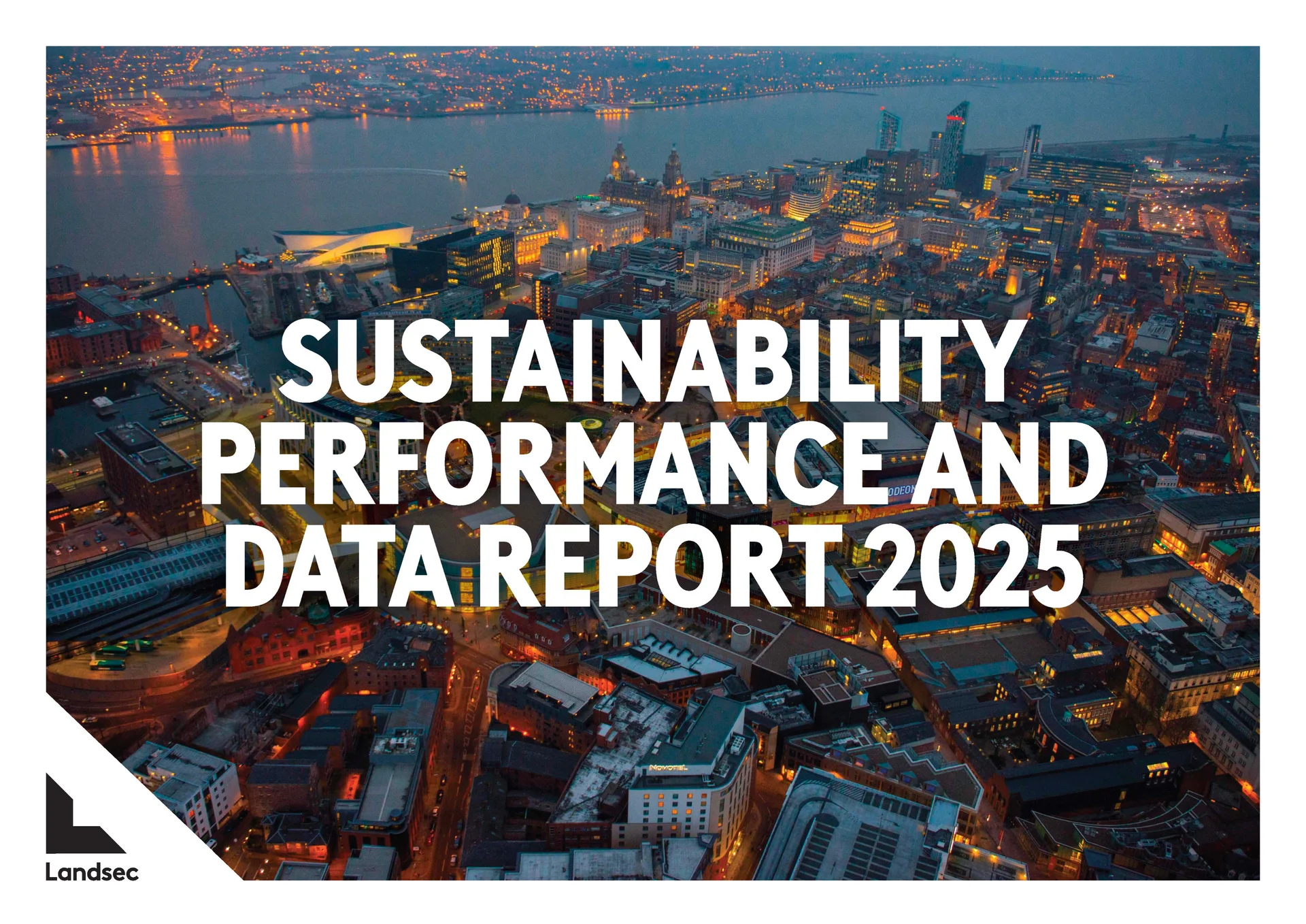 Aerial view of a cityscape at dusk with illuminated buildings and water, overlaid with text 'Sustainability Performance and Data Report 2025'.