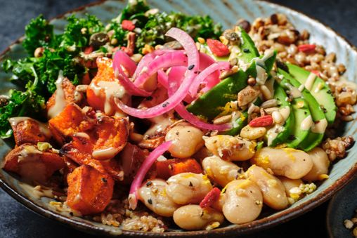 Colourful grain bowl from M&S with sweet potato, kale, butter beans and avocado