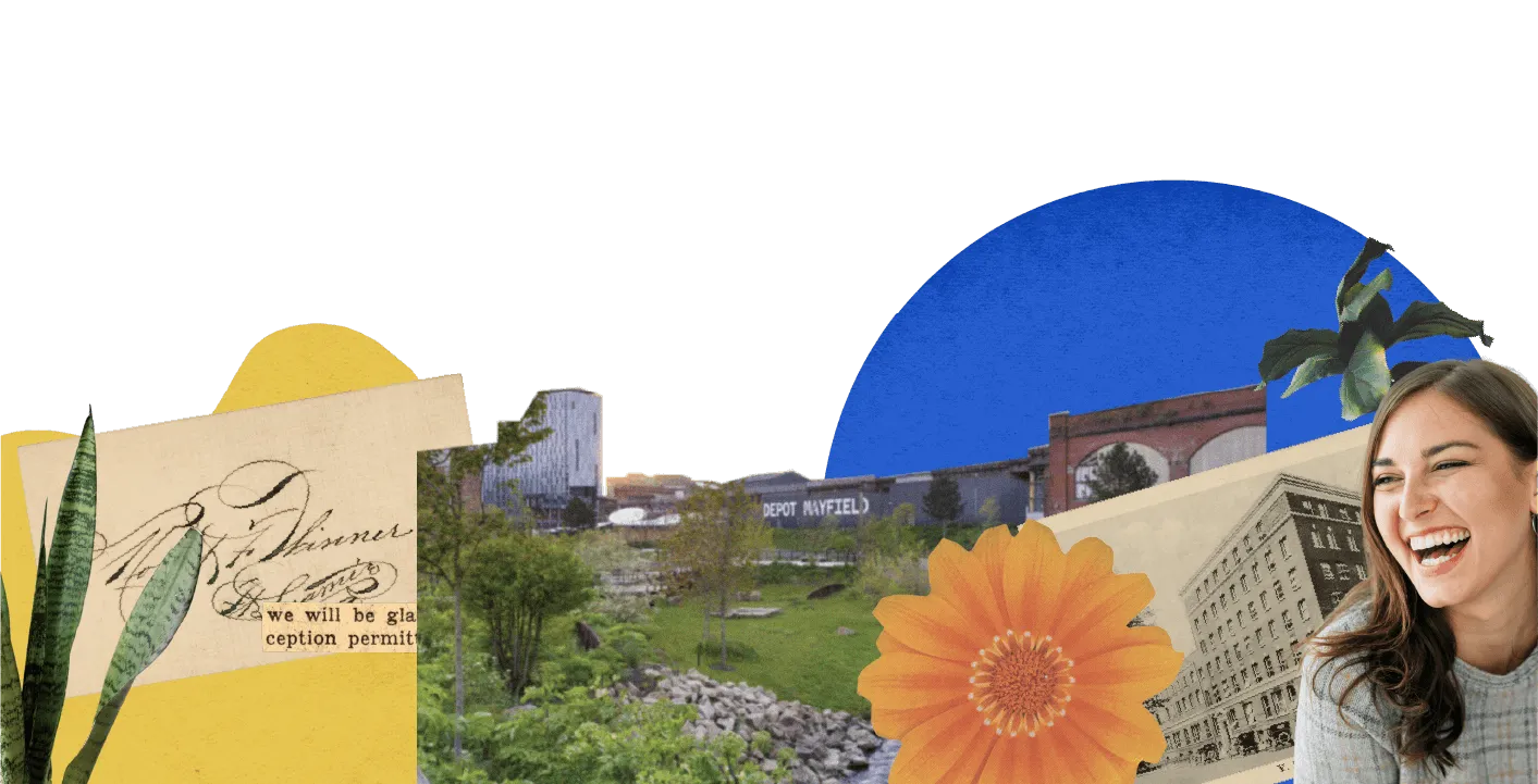 Collage showing a smiling woman and a revitalized urban space with historic buildings.