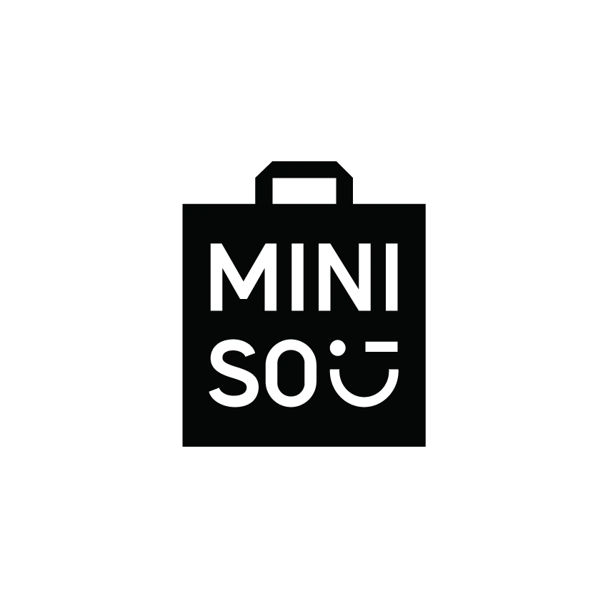 A black shopping bag icon with 'MINISO' in white text, featuring a smiley face as the letter 'O'.