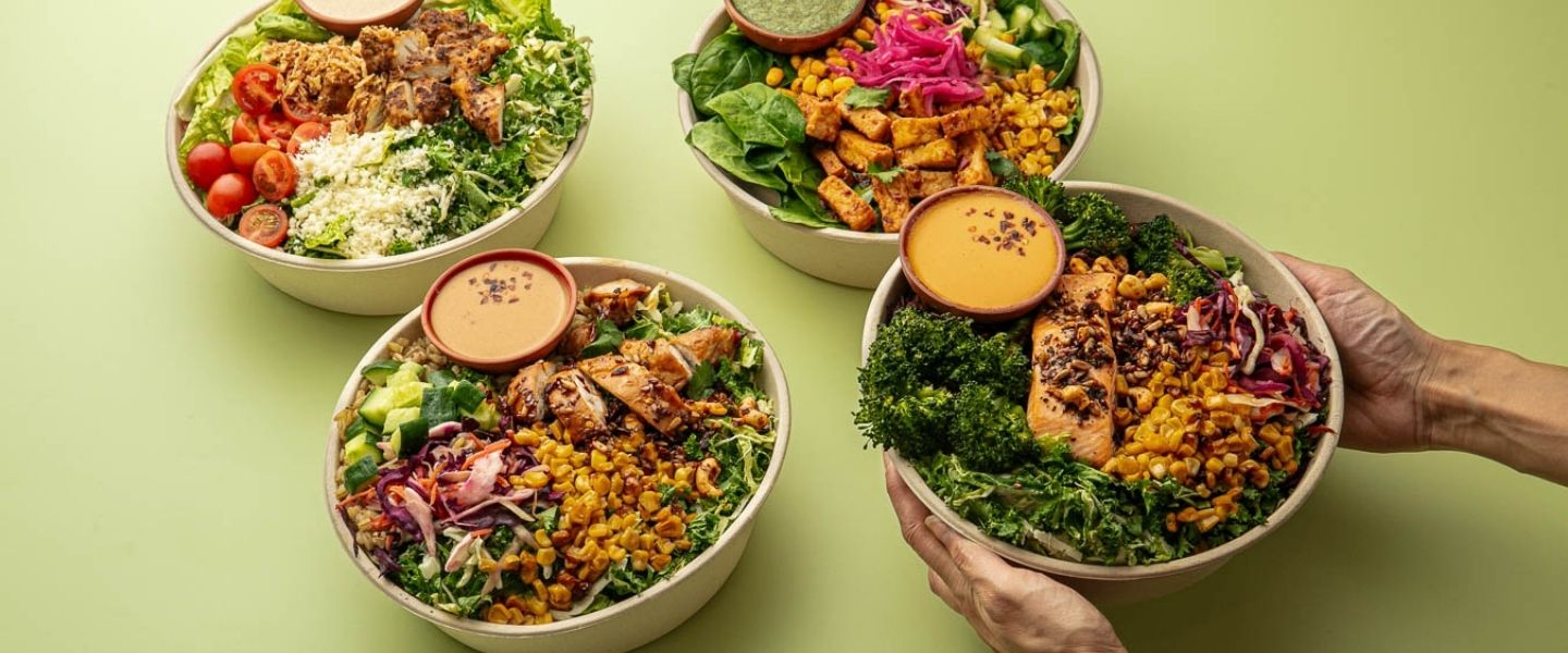 Salad bowls on a green background