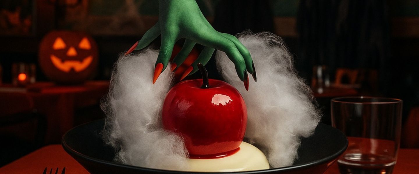 A green witch's hand over an apple dessert surrounded by candy floss