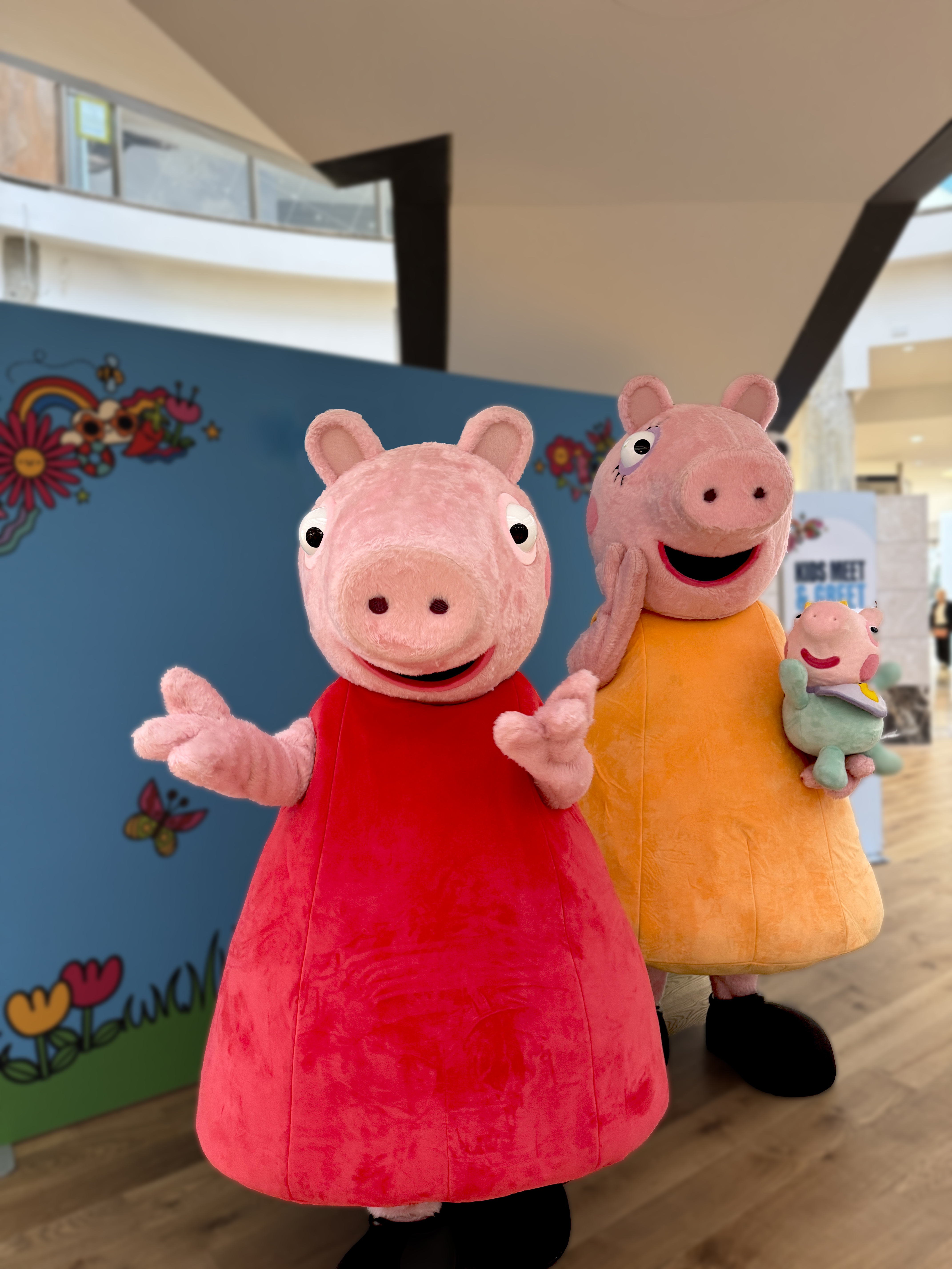 Peppa Pig, Mummy Pig and Evie Pig at a shopping centre meet and greet
