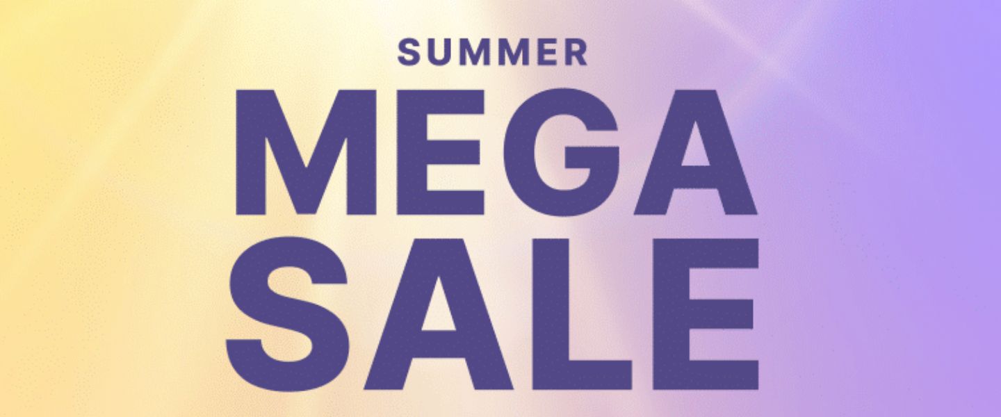 Summer mega sale on a yellow to purple gradient background