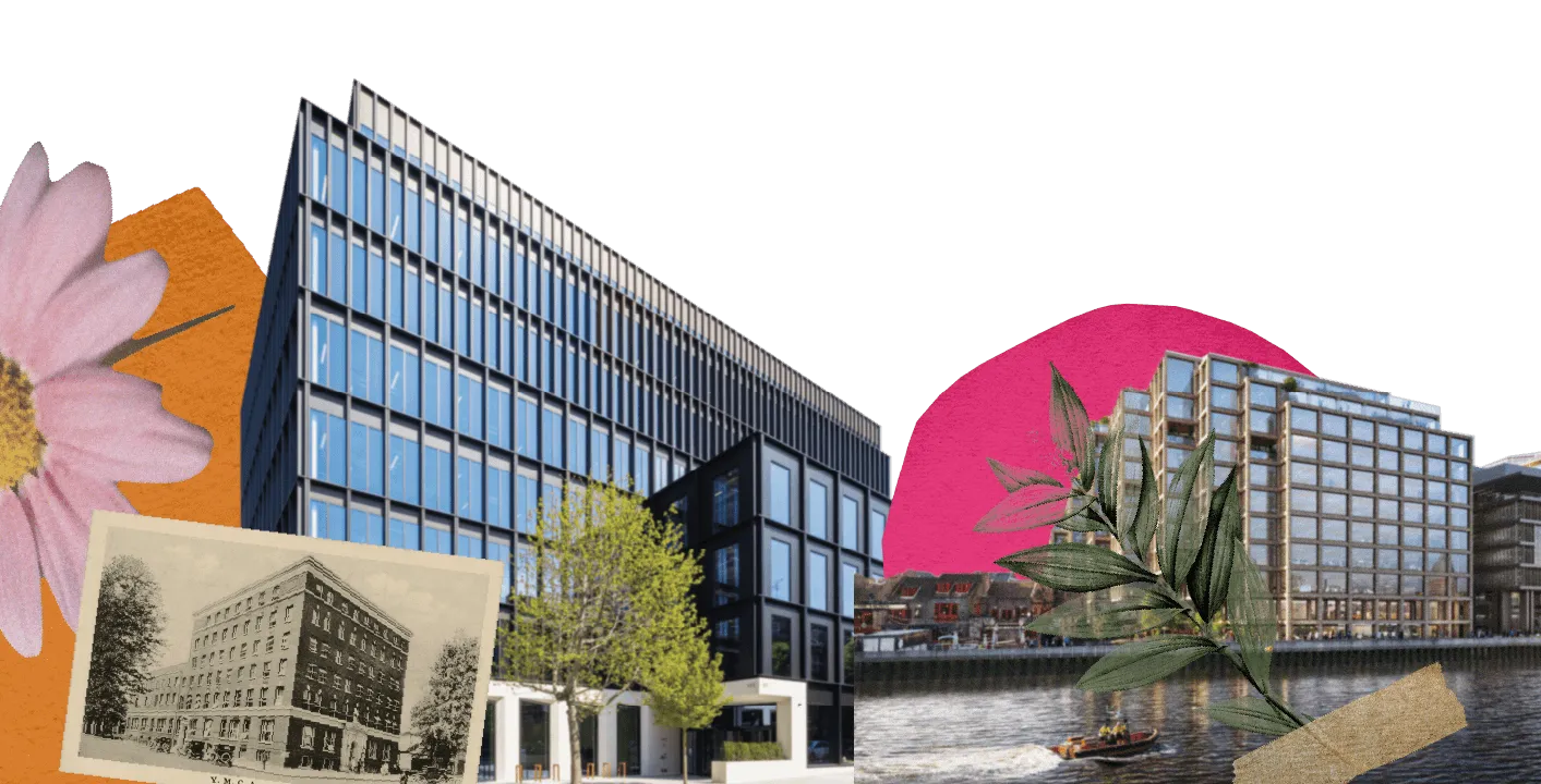 Collage combining modern office architecture by the water with an old, archival photo of a building.