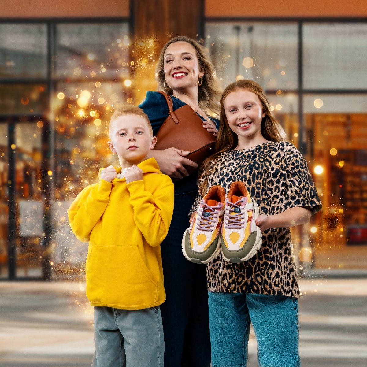 A family stand outside a store in Clarks village