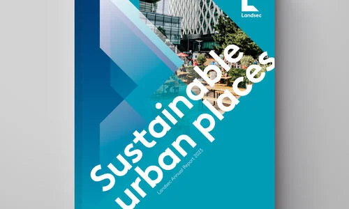 Landsec Annual Report 2013 cover featuring a blue geometric pattern and an urban landscape with the title "Sustainable urban places".