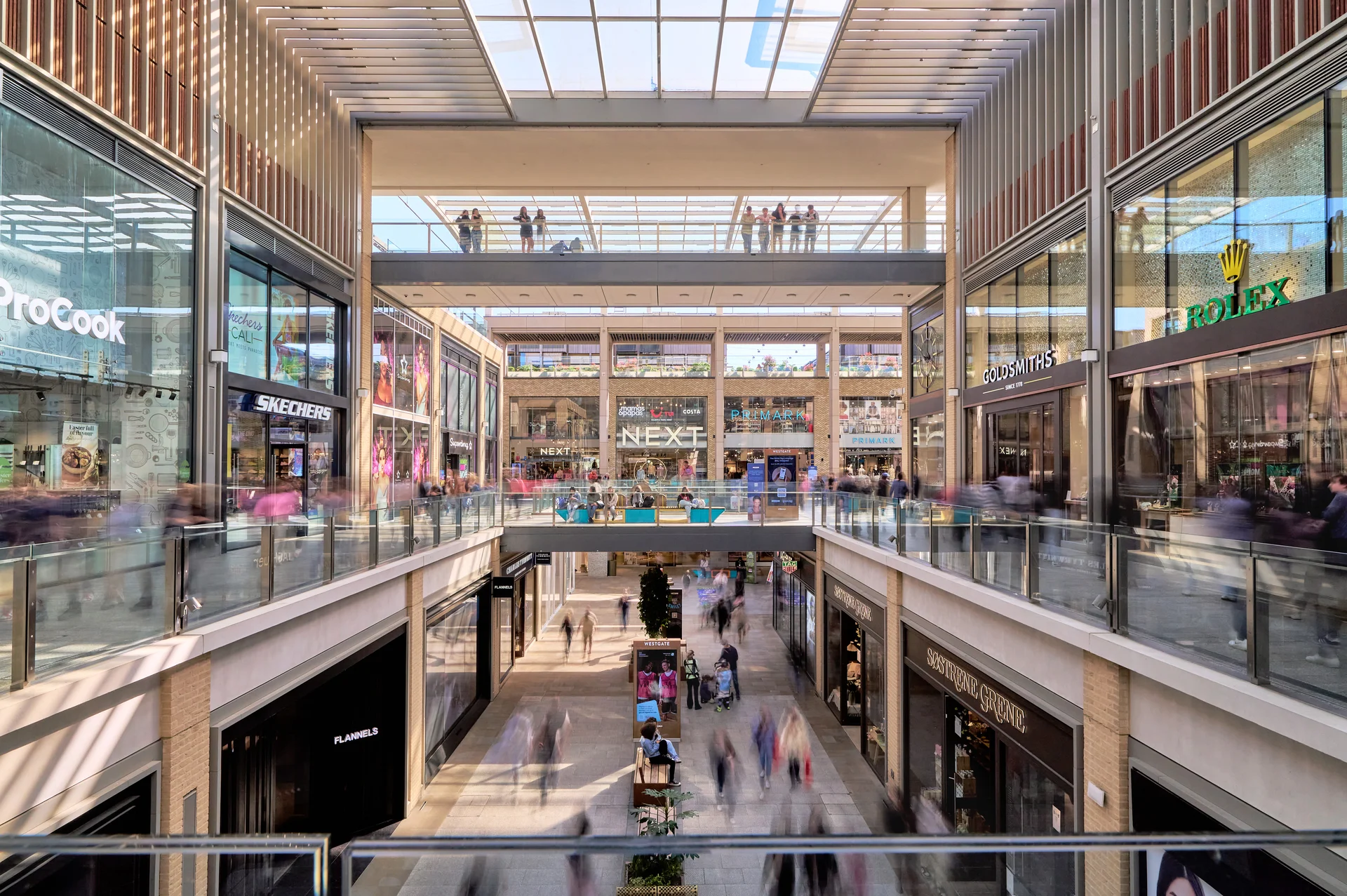 A bustling multi-level shopping mall with glass railings, various stores, and shoppers moving through the space under a bright skylight.