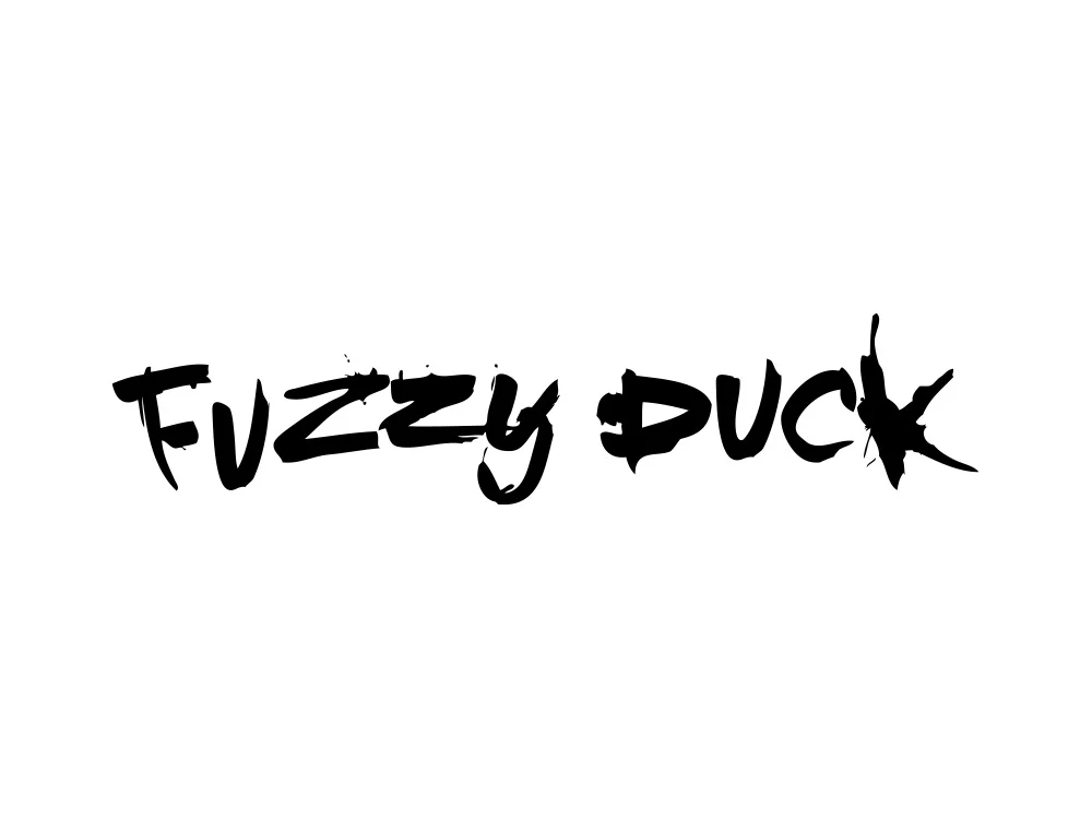 The black and white Fuzzy Duck logo features a bold, handwritten brush-stroke font, possibly for a creative production company.