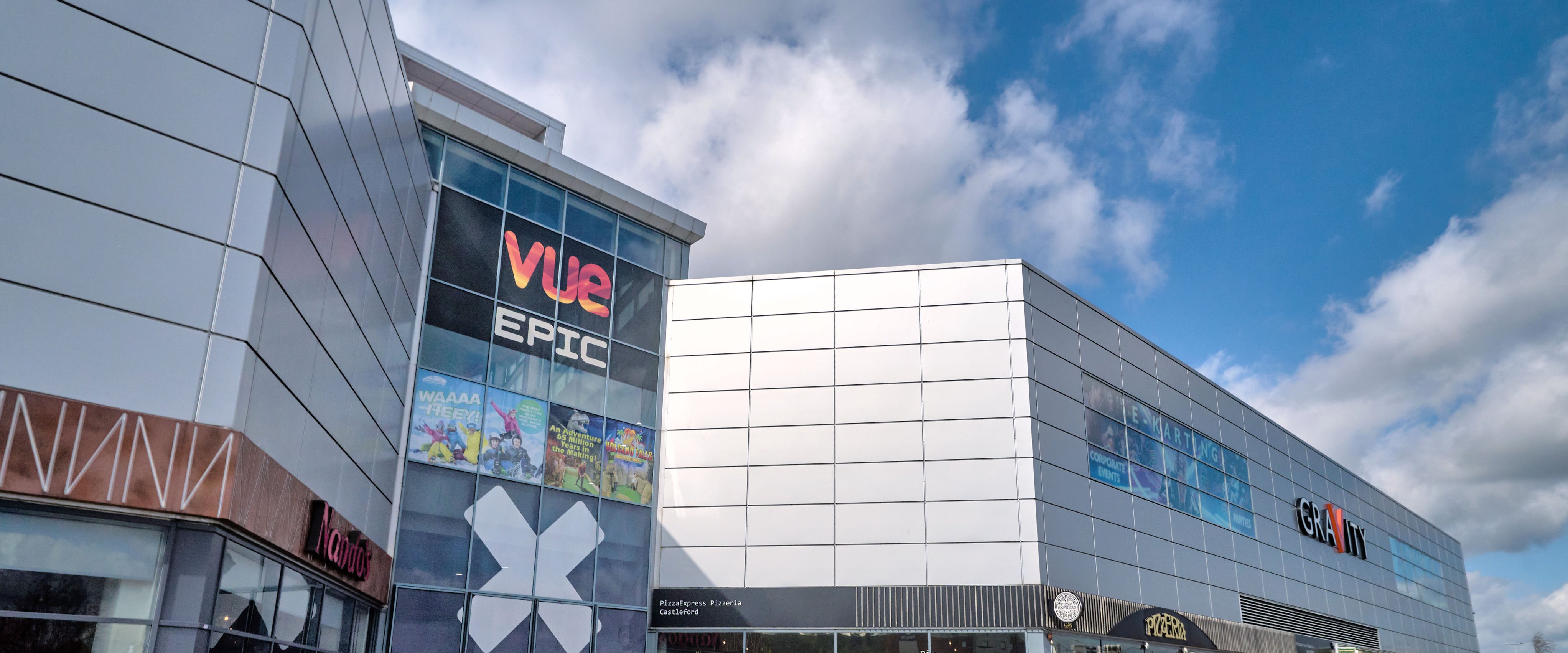 Xscape Yorkshire entertainment centre building pictured against a cloudy blue sky