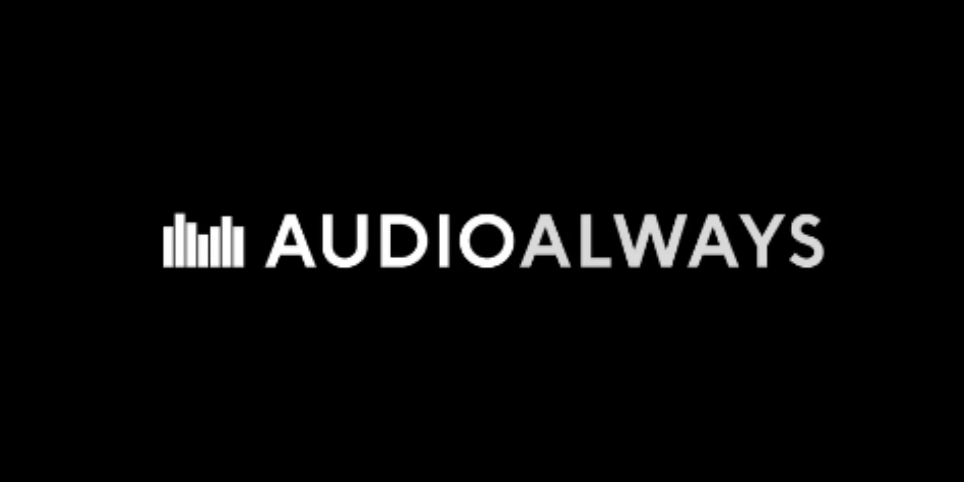 Black and white Audio Always logo featuring a graphic equalizer or sound wave icon next to the company name.