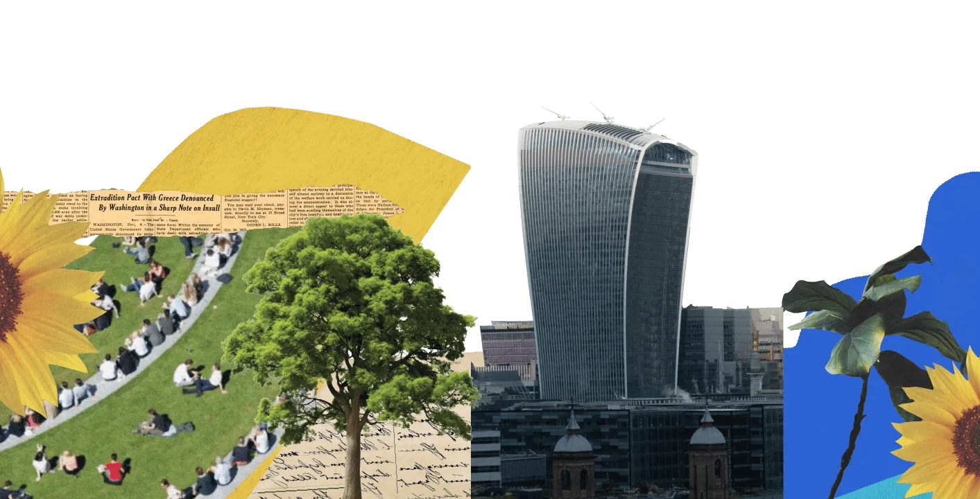 Collage of a distinctive London skyscraper and people relaxing in a park against the city skyline.
