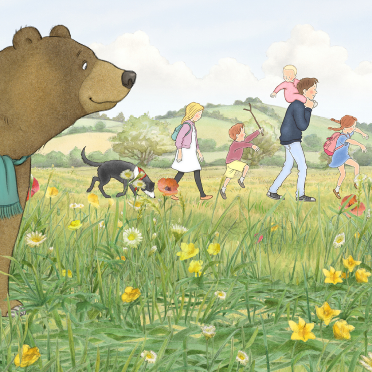 Illustration of family with dog and bear