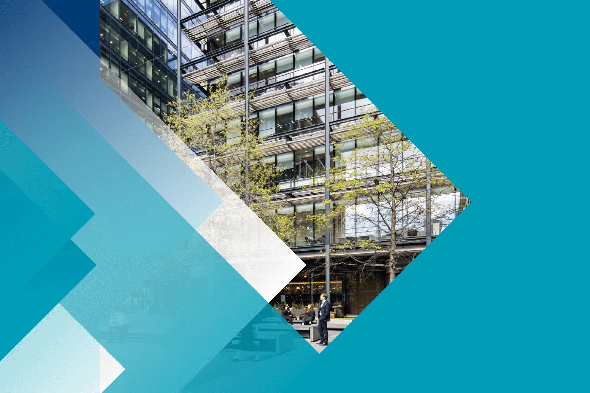 Exterior of a glass office building with trees, blue overlay.