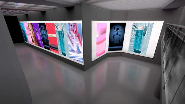 Modern minimalist room with illuminated panels displaying colorful images of bottles, a person, and abstract designs.