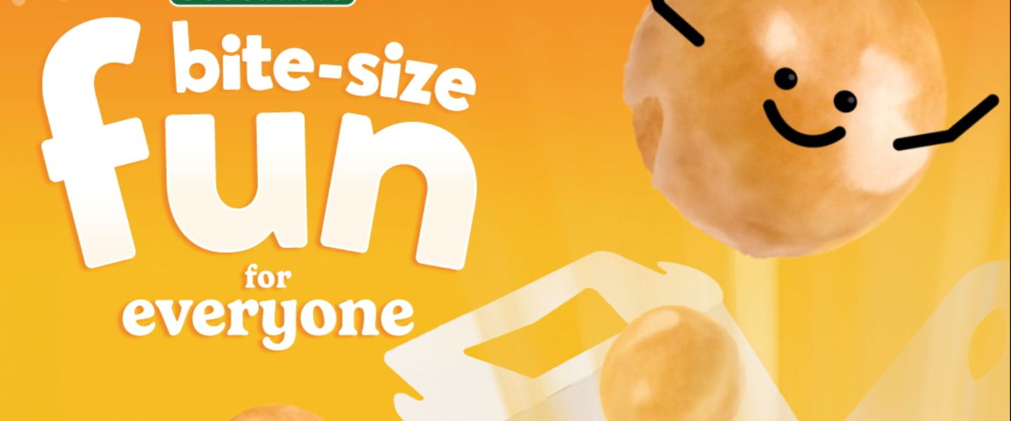 Bite size fun for everyone on a yellow background next to a doughnut bite with a smiley face