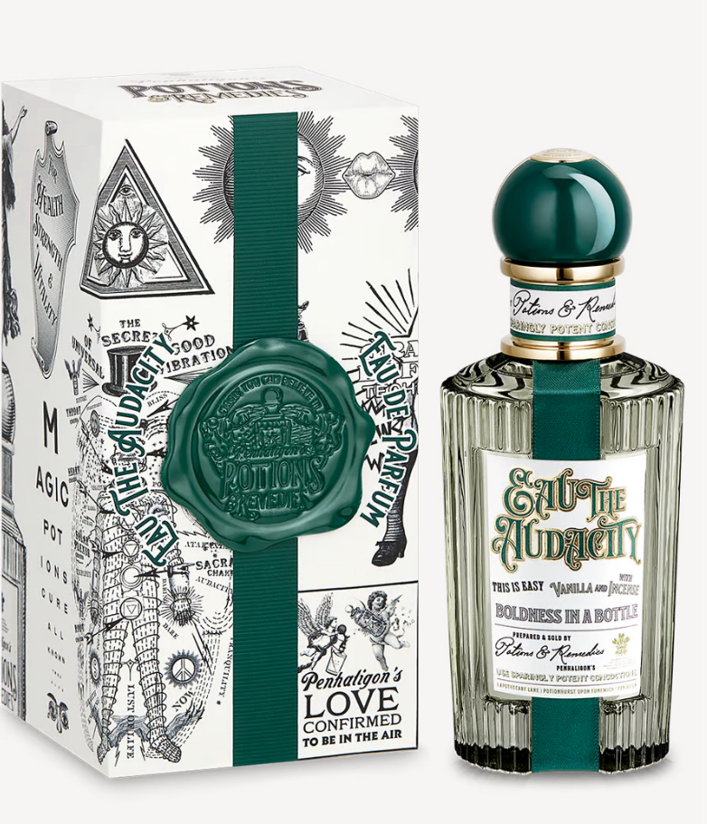  perfume, a fancy bottle stood beside the box with a wax seal in green