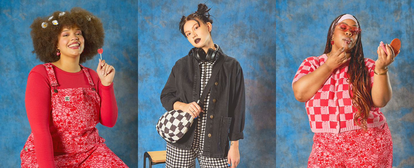 A triptych of models wearing Lucy & Yak clothing